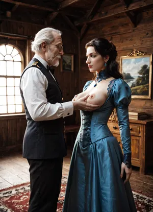 beautiful 1890, a naval vessel, captain's cabin. a very beautiful European noblewoman in a Victorian dress, (She wears a bespoke, sapphire blue silk dress, its intricate lace detailing shimmering subtly in the light, her fingers adorned with elegant rings), with a elegant hair style long hair of that era, slutty, tall, slender, jewels on her neck, sapphire blue silk dress, expressive green eyes, pale skin, perfect face, breast expansion, medium breasts, rounded breasts, (firm medium natural breasts:1.3), upright breasts, (lean body:1.3), super waist, hourglass shape., (The old man captain of the vessel in a navy uniform in the captain's cabin, old man, stands next to the woman and looks at her), . The room's walls are adorned with oil paintings in ornate gilded frames, depicting pastoral scenes and aristocratic portraits. A Persian rug, rich in texture and deep jewel tones, lies beneath the armchair. The overall atmosphere is one of refined elegance and quiet luxury, reminiscent of a pre-Raphaelite painting. The style is characterized by intricate details, soft, diffused lighting, and a muted color palette emphasizing deep blues, greens, and golds. Rendered in a photorealistic style with a painterly touch, emphasizing rich textures and soft light, wide angle shot., victorianstyle, <lora:victoriansxl_v1:.5>, <lora:Omnia_Daily_Life-000005:.5>