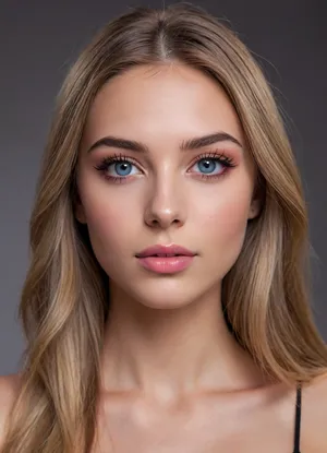 (masterpiece, best quality, photorealistic, ultra-detailed, highres, soft lighting), 1girl, 18 y.o., Bosnian, slightly elongated face with expressive features, thin straight eyebrows, oval blue eyes with long eyelashes, small straight nose, very plump glossy lips with pink hue, prominent cheekbones, soft chin, smooth fair skin with light blush, single mole on cheek, straight white teeth, bold makeup with smoky eyeshadow and glossy lipstick, centered face, symmetrical, teasing glance, long straight dark blonde hair framing face, in a softly blurred gradient background, <lora:add-detail-xl:2>