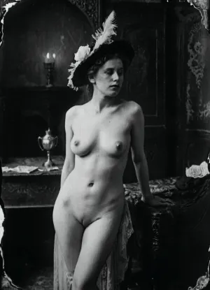 victorian era prostitute, victorian london, 1800s, young victorian prostitute, nude, black and white, film grain, vintage photograph, damaged film, victorian, fdec, <lora:fdec:.8>