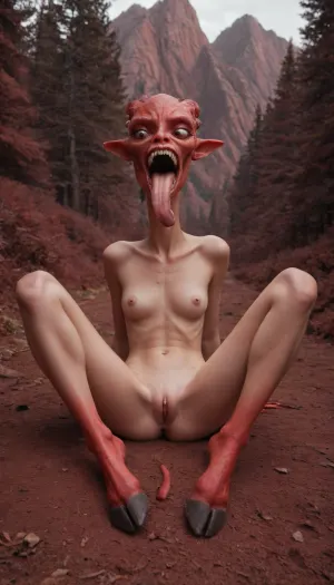 20000195.4, (((light red skin), alien girl, skinny wet skin, fleshy tail, beautiful face)), ((((pussy presentation:1.5)))), (rearview:.001), (high red mountains:1.5), (red forest:1.5), (instead of feet hooves:1.5), ((((hands-snags:1.5), (big head:1.2), (sharp teeth:1.3), (open mouth:1.3), (long tongue:1.3), spread legs, (pussy gap:1.9)))), alien man
