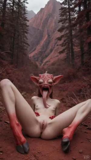 20000195.4, (((light red skin), alien girl, skinny wet skin, fleshy tail, beautiful face)), ((((pussy presentation:1.5)))), (rearview:.001), (high red mountains:1.5), (red forest:1.5), (instead of feet hooves:1.5), ((((hands-snags:1.5), (big head:1.2), (sharp teeth:1.3), (open mouth:1.3), (long tongue:1.3), spread legs, (pussy gap:1.9)))), alien man