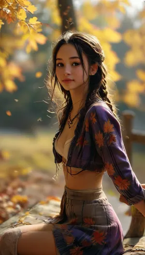 masterpiece, best quality, 1girl, katara, small tits, dark skin, dark skinned Islander, (dark skin:1), braid, jewelry, looking at viewer, candid fall photoshoot, purple plaid shirt, midriff, cleavage, short skirt, thigh socks, outside, Earth Kingdom, autumn, fall leaves, autumn colors, joyful, smiling, (blue eyes:.9), facing viewer, golden hour, sits on a bench, score_9, score_8_up, score_7_up, score_6_up, breasts, cutout, clothing, nipples, <lora:samdoesarts1.1-000030:.3>, <lora:2BoutOvalSDXL2-000002:.3>, <lora:Midjourney Image Enhancer XL v1:.8>, <lora:MJ52:.8>