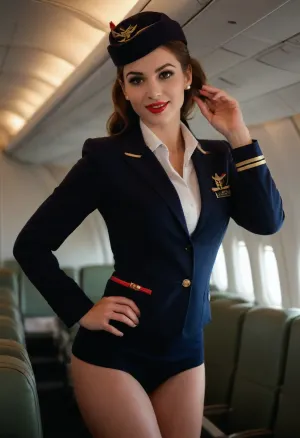 Russian girl, beautiful young female flight attendant, (smile), (looking at viewer), perfect body, perfect round ass, ((bend over a seat)), ((18 years old)), beauty, ((skinny)), detail skin, ((long legs)), stockings, face, pretty face, young, ((young face)), black ponytail, red lips, (((plump lips))), perfect ears, perfect hands, makeup, (((flight attendant jacket))), (((short flight attendant skirt:1.2))), (((flight attendant hat))), no bra, cleavage, big tits, green big eyes, pearl earrings, black panties, (ring), (surprised), in airplane cabin, detailled eyes, photography, highly detailed, sharp focus, studio photo, intricate details