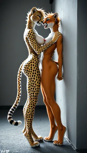 (yiff anthro furry cheetah:2), (anthro cheetah girls:1), sexy thin body, tall, (1 older and 1 younger:2.1), (long legs:1.4), built for speed, marathon runner build, side view, full body shot, (cat paws), on her toes, thick toned thighs, (huge bubble butt:1), (massive soft boobs), (very wide hips:1.3), (tiny waist, tiny torso), nude anthro cheetah body, (2 lesbian cheetah girls), (extremely horny girls), licking her pussy, (standing cunnilingus)