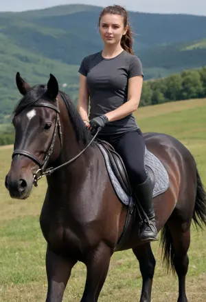 (masterpiece, best quality:1.2), 1 czech 30yo woman, black jodhpurs, (tight anthracite t-shirt:1.4), outdoors, longest brunette hair, hair combed back, double buns, green eyes, she rides a horse on a summer bohemian low mountain ranges landscape, happy look, photorealism, r1d1ngb00ts, RiHorse, front_view, half_front_view, side_view, galloping, <lora:Equestrian_riding_boots_2_SDXXXL:.5>, <lora:RideHorse.0.9:.5>