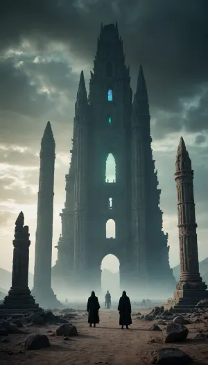An abandoned temple in the desert, shrouded in fog and darkness, with cracks on the walls and glowing runes. In the center of the temple, a magical ritual is performed involving a black-robed figure holding a crystal with pulsing energy. The temple is surrounded by a dead desert of ancient machinery and half-buried statues. In the background, you can see the silhouettes of huge ruined towers, and the sky is covered with ominous greenish clouds. Ghostly dragons or spirits hover in the air, lighting up the scene with a cold glow. Cinematic lighting, high detail, dark fantasy aesthetics, symbolism of destruction and magic.