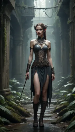 A dark fantasy dystopian scene with a highly detailed and atmospheric environment. The world is ruined yet magical — overgrown ruins, polluted with glowing anomalies, twisted nature, and remnants of lost civilizations. The light is dim or unnatural, casting eerie shadows. Creatures and characters are mystical but scarred by the harsh world — hybrids, beast-like beings, elves, or fairies with a dangerous or wild edge. The art style combines cyberpunk elements with medieval fantasy, featuring muted colors, metallic textures, glowing runes, and post-apocalyptic flora. Emphasize mystery, decay, and hidden ancient power., <lora:274730_training_data:1.8>