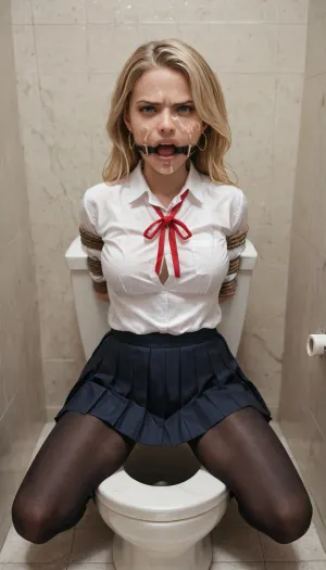Surrender by man, 1girl, tied, tied arms, tied legs, solo, blonde hair, collared white shirt, buttoned jacket, pleated skirt, kneeling, cum on face, frown, annoyed, high school uniform, black pantyhose, full body, toilet, ring gag, open mouth gag, ring, gag, <lora:gagged-4e:.8>