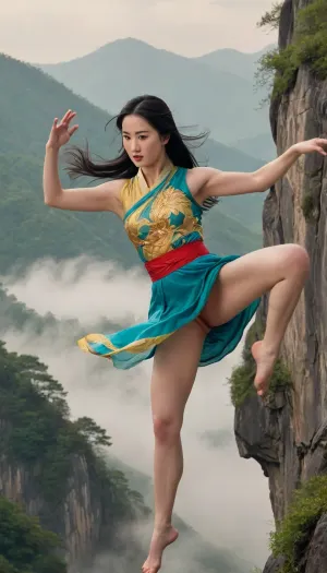 A lone female nude martial artist trains high above a misty mountain valley.（gigantic breasts, 1.5）（Cheongsam，Sex, see-through, clothesl）, Chinese jewelry, (Chinese kungfu, Jumping and one leg is kicking:1.4), Full body photo foot on desktop，（liuyifei, woman, <lora:actress_ej_JuggXL_3:.5>, ）