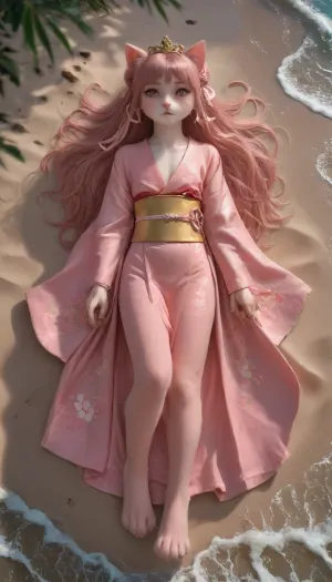 (full body), (furry feline female girl, feline_hybrid, pink fur body, pink cat's head, pink cattail, pink catpaws, pink eyes), (hands are catpaws, flat-chested), (lots of pink freckles on her face), ((longhair)), (pink nails), pink ribbon, (golden tiara), ((wide rosa hime-Kimono)), beach, sand, (night, dimmed lights:1), (((lying on her back, lying flat))), 1girl, ornament, obi, yellow, bow, furisode, wide, sleeves, long, <lora:kaga_ny_animaginexl_2-14:.8>, Anthro, (animal), girl, Furry, Body, covered, with, fur, skin, <lora:463258_training_data:.8>