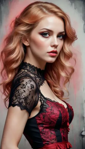 8k, RGB, HDR, oil paints, watercolors, bright saturated colors, Anna Razumovskaya, Jarek Kubicki, Aleksi Brilo, Darek Zabrotsky, Sakimichan, Loisch, Aminola Rezai, photo RAW, black, dark red, lace dress, (high-heeled shoes), (full body:1.4), Mixed media collage., beautiful face. Calligraphy, gouache wash, pen sketch, thin lines, vintage illustration style. Black, white, coral pink, red, blonde hair, beautiful patterns, ral-melting, <lora:ral-melting-sdxl:.5>