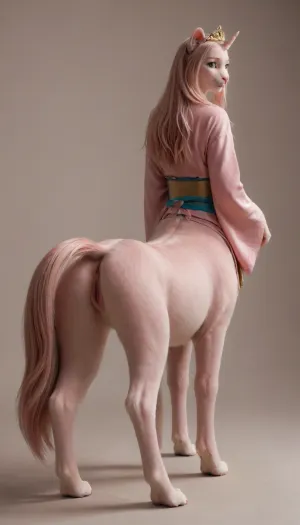 (full body), 1girl, ((furry feline female girl, complete pink fur body, pink ears, pink eyes, humantaur, four, legs, feet, (flat-breasted))), petite, small, <lora:humantaurs_02_20_merge_sdxl:.8>, ((((from behind)))), feline_hybrid, furry, Look at the viewer, ((gold tiara)), <lora:Realistic_Feline_Hybrids:.8>, ((((pink longhair)))), lacus clyne, ((pink kimono)), <lora:SDXL_LORA_CHARACTER_LACUS CLYNE_V1A:.8>, Kimono, Wide, sleeves, sash, obi, <lora:1225061_training_data:.8>, ((unicorn, show her tight vagina))