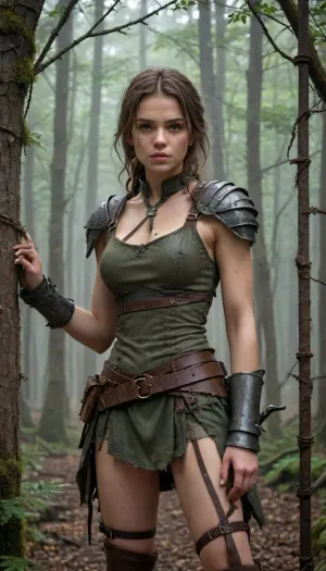 ** Description for the image generator, ** A girl in a tattered medieval tunic of coarse linen, with frayed edges and traces of dirt, stands in an iron cage that resembles an animal enclosure. Her hair is disheveled, her eyes are fearfully defiant, and her fingers are gripping the bars as if she's trying to defend herself. The cage is surrounded by a misty forest thicket, rusty spikes on the bars and shadows from the branches add to the sense of confinement. There are two hunters around, men in worn leather armor, daggers on their belts and crossbows on their backs. Their postures are aggressive — one is leaning toward the cage, grinning, his hand reaching for the lock, the other is half-turned, eyeing the captive with carnivorous interest. The hunters ' faces are a mixture of cruelty and lustful curiosity, narrowed eyes, stiff neck muscles, greasy grins. **Details to draw, **, **Textures, ** focus on the frayed fabric of the tunic, the gleam of the metal of the cage, the roughness of the tree bark in the background., **Lighting, ** the dim moonlight filtering through the fog creates sharp shadows on the hunters ' faces and glare on their weapons., **Emotions, ** fear and resistance in the girl's eyes, contrasting with the predatory passion of men., **Environment details, ** moss on the ground, broken branches underfoot, cobwebs in the corners of the cage. — * * Colors, ** a muted palette, (gray-green tones of the forest, dark brown leather of armor), with an emphasis on the pallor of the girl's skin and bloody reflections on metal. — * * Composition, ** a bottom view that highlights the threatening position of the hunters, a light haze for an atmosphere of alarm. **Technical instructions, ** Use ultra-detailed rendering for the characters ' faces and hands, 8K texture resolution for rendering small elements, (such as scratches on bars), and dynamic lighting with soft shadows. Add a motion blur to the background to focus your attention on the cell. * Restriction, The description does not contain explicit scenes of violence, but implies a tense atmosphere.*, fantasy, scaled, humanoid, 4ng3l, face, <lora:add-detail-xl:.5>, <lora:SDXL_BetterFaces-LoRA_v1:.5>