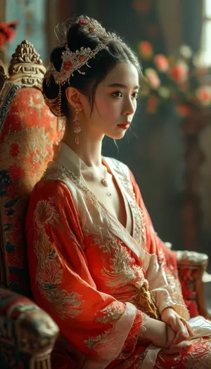 A Chinese princess in national clothes, her hair tied up in a bun, a tiara on her head, surrounded by her vassals, sits on a throne with her pussy exposed, legs wide apart, <lora:Midjourney Image Enhancer XL v1:.8>, <lora:MJ52:.8>
