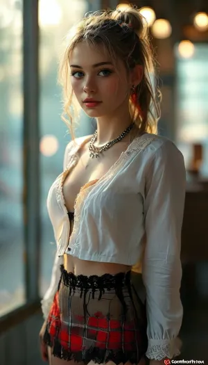 woman, (realistic:1.3), masterpiece, best quality, clear face, far shot, front light, with a huge diamond necklace, back view, with pink ponytail, (warm grin), black lace in the shape of a large mesh, in a white long-sleeved shirt, standing at school, very breasts, posing for a picture, golden hour, mottled light and shadow, (((masterpiece))), realistic facial features, (((ultra-detailed))), ((perfect body and face)), cute tall tall face, finely detail, panties translucent, topless, skinny waist, (detailed pussy), beautiful pussy, perfect pussy, beautiful, symmetrical face with high cheekbones, well-defined jawline, lips that are plump and luscious, Intense gaze, detailed face, perfect illumination, beautiful eyes, bright hair, beautiful legs, skin pores, ((more plausible)), ((high detailed skin)), 8k uhd, dslr, high quality, detailed skin texture, (highly detailed hair), sharp body, highly detailed body, (realistic), soft focus, ((insanely detailed)), (highest quality), (skin pores, skin imperfections), leash, high resolution photography on a canon camera, school, uniform, white, shirt, bra, red, plaid, ((miniskirt)), fishnet, thighhighs, JS_ShortSkirt, <lora:Midjourney Image Enhancer XL v1:.8>, <lora:MJ52:.8>