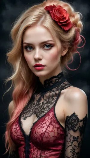 8k, RGB, HDR, oil paints, watercolors, bright saturated colors, Anna Razumovskaya, Jarek Kubicki, Aleksi Brilo, Darek Zabrotsky, Sakimichan, Loisch, Aminola Rezai, photo RAW, black, dark red, lace dress, high-heeled shoes, (full body:1.4), Mixed media collage., beautiful face. Calligraphy, gouache wash, pen sketch, thin lines, vintage illustration style. Black, white, coral pink, red, blonde hair, beautiful patterns, ral-melting, <lora:ral-melting-sdxl:.5>