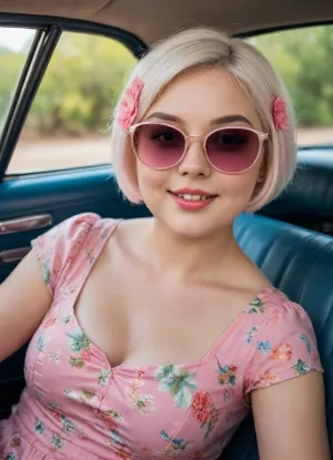 A full-body shot of a cute chubby girl with short white hair, wearing sunglasses with pink glas and a floral dress, sitting in the back seat of an old car from a past era. Cute face with lovely smile. Her hands are resting on her chin. The image has a dollcore aesthetic, with detailed facial features and hyper-realistic photography. The lighting is natural, and the details are intricate, giving the image a cinematic, fashion magazine cover-like quality.