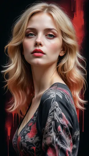 8k, RGB, HDR, oil paints, watercolors, bright saturated colors, Anna Razumovskaya, Jarek Kubicki, Aleksi Brilo, Darek Zabrotsky, Sakimichan, Loisch, Aminola Rezai, photo RAW, black, dark red, dress, (full body:1.4), Mixed media collage., beautiful face. Calligraphy, gouache wash, pen sketch, thin lines, vintage illustration style. Black, white, coral pink, red, blonde hair, beautiful patterns, ral-melting, <lora:ral-melting-sdxl:.5>