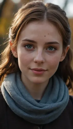 A 21 years old elf girl, elf ears, elf, well-build body, medium tits, small lips, lots of freckles face and skin, blush on the checks and nose, (raised nasal tip, upturned button nose, upturned nose, delicate nose, nose), brown wild wet hair with sidelocks, very sexy smile, is passing you on a small pedestrian bridge, brifly and shy expressionless eye contact, dark jacket with wool collar, big scarf, hands in pockets, chestnut wavy hair pulled back and held together in a small ponytail, very milky and pale skin, autumn early morning sun, sun beams and shadowy details on her face, her eyes are very bright and blue gray ish, eye corona is dark and intense, masterpiece, extremely high quality photograph, taken with a snapshot fast lens on a Nikon camera.