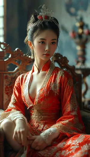 A Chinese princess in national clothes, her hair tied up in a bun, a tiara on her head, surrounded by her vassals, sits on a throne with her pussy exposed, legs wide apart, <lora:Midjourney Image Enhancer XL v1:.8>, <lora:MJ52:.8>