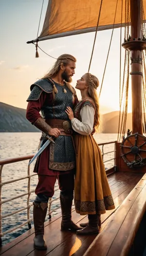 Man, Scandinavian warrior, Viking in full gear, long sword on his belt, stands on the deck of a drakkar, (Scandinavian warship), ((embracing a girl in Slavic dress)), fjord at sunset, full body in the frame, full body is visible, ((side view)), full-color image, super detailed image, 8K quality