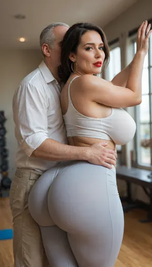 (curvy busty mature milf:1.3), black hair Hourglass figure, massive bubble butt, pretty face, thick lips, red lipstick, fat old ugly african, fat man, (thick uncut dick), woman in yoga pants and shirt, old man in shorts and shirt, touching grabbing boobs dick dripping cum monster cock rubbing on her ass butt hug, (fullview:1.5), <lora:add-detail-xl:.5>, <lora:PerfectEyesXL:.5>, <lora:DetailedEyes_V3:.5>