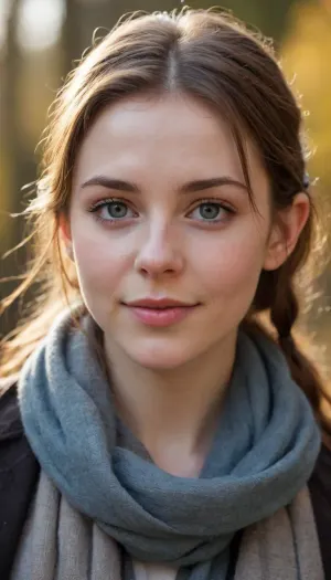 A 21 years old elf girl, elf ears, elf, well-build body, medium tits, small lips, lots of freckles face and skin, blush on the checks and nose, (raised nasal tip, upturned button nose, upturned nose, delicate nose, nose), brown wild wet hair with sidelocks, very sexy smile, is passing you on a small pedestrian bridge, brifly and shy expressionless eye contact, dark jacket with wool collar, big scarf, hands in pockets, chestnut wavy hair pulled back and held together in a small ponytail, very milky and pale skin, autumn early morning sun, sun beams and shadowy details on her face, her eyes are very bright and blue gray ish, eye corona is dark and intense, masterpiece, extremely high quality photograph, taken with a snapshot fast lens on a Nikon camera.