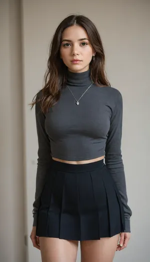 Stable_Yogis_PDXL_Positives2, 9..demo..character..1, 99..demo..character..1, long hair, brown hair, brown eyes, realistic, photorealistic, medium breasts, narrow waist, curvy, thick thighs, (High-neck Shirt and Suit Skirt:1.2), realism, real life, detailed