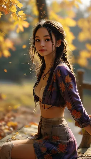 masterpiece, best quality, 1girl, katara, small tits, dark skin, dark skinned Islander, (dark skin:1), braid, jewelry, looking at viewer, candid fall photoshoot, purple plaid shirt, midriff, cleavage, short skirt, thigh socks, outside, Earth Kingdom, autumn, fall leaves, autumn colors, joyful, smiling, (blue eyes:.9), facing viewer, golden hour, sits on a bench, score_9, score_8_up, score_7_up, score_6_up, breasts, cutout, clothing, nipples, <lora:samdoesarts1.1-000030:.3>, <lora:2BoutOvalSDXL2-000002:.3>, <lora:Midjourney Image Enhancer XL v1:.8>, <lora:MJ52:.8>