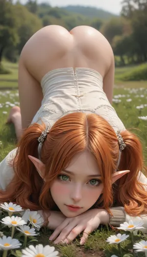 score_9, score_8_up, score_7_up, Masterpiece, absurd, (realistic:1.3), NSFW, (1girl:1.3), beautiful, curly hair, long and voluminous, the girl has curly, (orange hair:1.3), and she has very thick hair, ((pigtails)), she has huge bright green eyes, (((sharp elf ears))), sexy legs, long legs, slender pale body, pale skin, natural breasts of medium size, athletic build, blush, slim waist, narrow hips, round ass, seductive, serene, pristine beauty, pure, lively, pink lips and makeup, lustful gaze, enthusiastic smile, fantasy, pretty European lady sitting in a meadow, white milk rain, huge eyes, bow lips, cotton wool, down jacket, soft, very thin waist, contrast. high level of detail, pearls, diamonds, hair jewelry, sun glare, white flowers, fun, smile, lush multi-layered cotton wool dress, (all on fours from behind, ass up, ass focus:1.5)