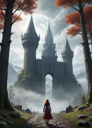 An impressive scene from the world of a fantasy computer game unfolds in front of me. In the center of the composition stands an ancient castle, whose towers look up to the sky, covered with eternal frost. Its walls, made of dark stone, reflect the ghostly light of the moon, which hangs high above the horizon, surrounded by mysterious clouds.

Below, at the foot of the castle, there is a dense forest kingdom, where the trees seem to be gigantic giants, their tops are lost in a misty haze. There are glowing paths between the trunks, along which ephemeral creatures glide-fireflies or, perhaps, small spirits of the forest. Here and there you can see the remains of ancient ruins, overgrown with moss and vines, which hints at the greatness of a long-forgotten civilization.

In the foreground is a warrior in massive armor that shimmers with silver and gold with every movement. Her hair, the color of ripe copper, is spread over her shoulders, and in her hands she holds a huge two-handed sword, ready for battle. On her belt hang various amulets and symbols of power, each of which tells its own story.

A mysterious figure hovers over the heroine's head – a magical familiar in the form of a glowing bird, whose wings are made of pure light. His eyes are like two miniature suns, carefully observing the world around them, ready to warn the mistress of any danger. There is a sense of impending battle in the air, the tension is felt even in the lightest breeze.

In the distance, behind the forest, you can see a mountain range, the tops of which are buried in clouds. From there comes a dull rumble, which can be either a natural phenomenon-the awakening of a volcano, or a sign that the ancient forces are awakening after a long sleep. Everything around is permeated with magic, every detail suggests that this world is alive, breathing and full of secrets waiting to be revealed, SamDoesArt2