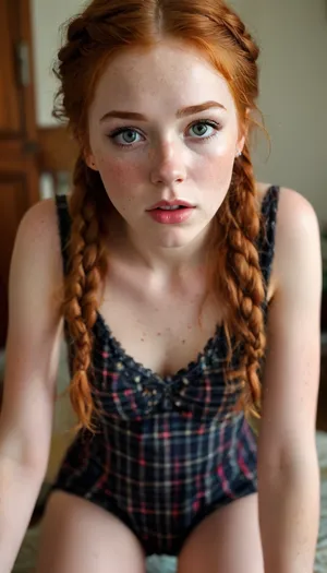 lies on the school desk, Redhead, two disheveled braids, cute face, young face, freckles, makeup, mascara ran, horny look, enjoys, screams with pleasure, skinny, 18 year old girl, tight pussy, (torn tights), string patterned panties, (string patterned panties in pussy gap shown), (patterned dress), (wide hips), vaginal sex, cum in pussy, cum inside, <lora:Midjourney Image Enhancer XL v1:.8>