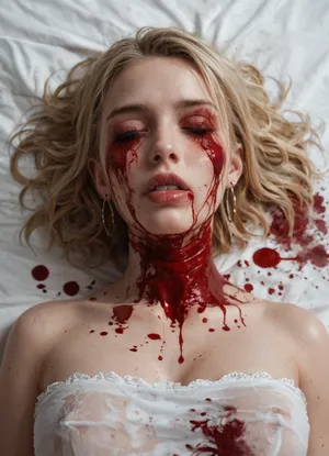 Sexy girls body laying on a bed with her throat sliced wide open, blood covered face, blonde hair, stab wounds in her ribs, blood covered body, full body view, extreme gore, dead girl, huge blood covered titties, clean white sheets, top view, lifeless eyes