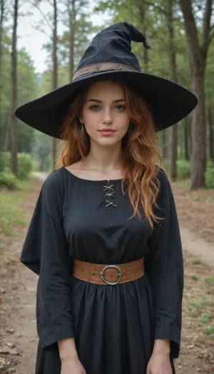 high_quality, highres, detailed_eyes, detailed, masterpiece, best quality, absurdres, 8k, HDR, grunge, retro, vintage anime aesthetic, 90s anime aesthetic, 80s anime aesthetic, retro_artstyle, cottagecore, witch, witch hat, ginger hair, looking at viewer, happy expression, cozy house, dynamic composition, dynamic angle, dynamic view, nature, trees