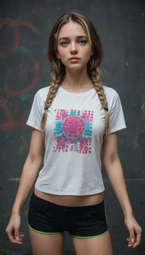 The whole composition should feel vibrant and energetic, perfect for a t-shirt or poster with a neo-vintage comic and psychedelic urban aesthetic. Feminine figure, . the image is bathed in rich, vivid hues, with cinematic lighting, shallow depth of field, and subtle vignette artgerm style. Cyberpunk woman with fair skin, perfect features, dancing in a nightsky, dark tones, unsettling details, infrared spectrum. Sport short shorts as 80s, (Strong Highlights in Eyes), creating a vibrant impression, away from the camera, anatomically and finger correct, (((Pixel Perfect, Perfect in every detail))), blue eyes, (Frowning:1.1), (blush:1.1), (((gorgeous details))), russian sport woman, hip-hop diva pose, Chicano tattoos, long braids, Color sketchnote style, dramatic, looking up. psychedelic bright colors., Unique features., (extremely detailed 8k wallpaper), ((Psychedelic acid colors glow, creating a surreal, otherworldly effect with textured brushstrokes.)), A clear expression., ((Top Quality by Tomer Hanuka)), ((Delicate Masterpiece)), (Details), Adult Beauty, This image, whether a painting or photograph, captures the minimalistic essence of rebellion in exquisite detail., (8k, 3d render, highest quality), (best anime quality:1.7), .., ((Masterpiece:1.2)), (Best Quality)