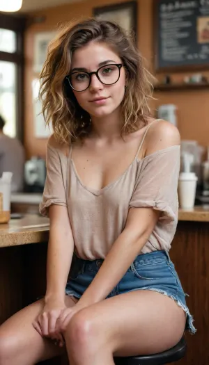 Hipster girl in glasses, messy hair, boho chic, hippie, sitting on coffee shop counter, upskirt, no panties, hairy pussy, pubic hair, full bush, perfect fingers, perfect hands, toned legs, Naked