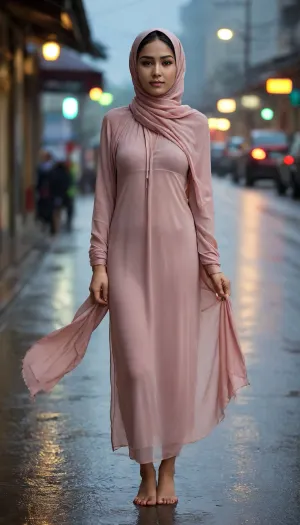 Full body nude photo of a petite Southeast Asian woman, (Indonesian ethnicity:1.3), height 148 cm, weight 45-50 kg, realistic proportions, soft oval face, warm almond-shaped eyes, slightly parted lips showing fine bunny teeth, light brown Indonesian skin tone, all of her body soaked wet under the rain in the night, a wet loose sheer white chiffon Muslim women's long dress covers her entire body except her face and arms, soaked from the rain, clinging to her body, her small round breasts and tiny nipples and her vagina is clearly visible under her wet dress, a wet transparent pashmina hijab covers all her hair and neck, (1.5), (a soft pashmina hijab covers all her hair:1.5), no hair is visible, barefoot, standing in the rain, without an umbrella, on the side of the road, at night, no daylight or sunlight, only lights from the streetlights as the source of lights, her face was slightly lowered, her eyes glanced at the viewer with a shy expression, her legs are together, her arms are behind her back, the background is a soft dimly lit street, the atmosphere cinematic, chiaroscuro lighting, part of her face is softly lit, the rest blends into shadow, emotional and calm atmosphere, realistic texture, soft blurred background, focus on artistry of photography and sensuality, fine art photography, full body seen from head to toe, professional composition, rule of thirds, negative space, subtle leading lines, natural light source, high detail, small round breasts, tiny nipples, wet clothes, transparent clothes, see-through, no bra, no panties