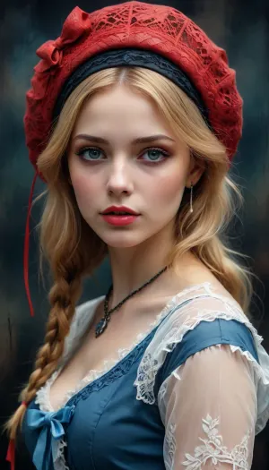 8k, RGB, HDR, oil paints, watercolors, bright saturated colors, Anna Razumovskaya, Jarek Kubicki, Aleksi Brilo, Darek Zabrotsky, Sakimichan, Loisch, Aminola Rezai, photo RAW, black, dark red, Mixed media collage., beautiful face. Calligraphy, gouache wash, pen sketch, thin lines, vintage illustration style. Black, white, coral pink, red, blonde hair, beautiful patterns, ral-melting, whdbd, blue, dress, jewelry, necklace, bonnet, long, sleeves, bow, lace, trim, frills, pantyhose, <lora:ral-melting-sdxl:.5>, <lora:whdbd XL:.8>