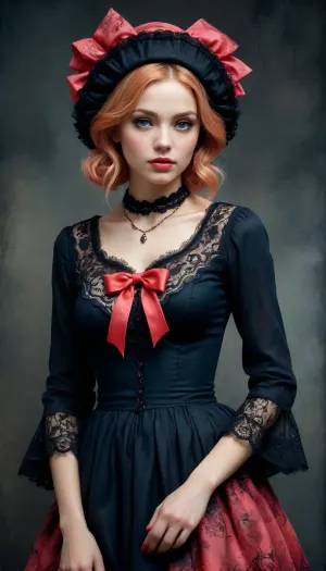 Full Body, 8k, RGB, HDR, oil paints, watercolors, bright saturated colors, Anna Razumovskaya, Jarek Kubicki, Aleksi Brilo, Darek Zabrotsky, Sakimichan, Loisch, Aminola Rezai, photo RAW, black, dark red, Mixed media collage., beautiful face. Calligraphy, gouache wash, pen sketch, thin lines, vintage illustration style. Black, white, coral pink, red, blonde hair, beautiful patterns, ral-melting, whdbd, blue, dress, jewelry, necklace, bonnet, long, sleeves, bow, lace, trim, frills, pantyhose, <lora:ral-melting-sdxl:.5>, <lora:whdbd XL:.8>