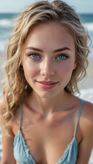 35 year old girl, Cute Blonde, long messy hair, ((((full body view))), over exposed photo, (high detailed skin:1.2), (detailed skin texture:1.1), (super detailed face:1.1), (highly detailed hair:1.1), 1 girl, pretty face, vintage photo, ultra-realistic, 8k, braid in hair, perfect grey eyes, skinny, smile perfect teeth, pov from top, Full portrait of a young, sexy, ((extremely gorgeous:1.4)), female Instagram Model, ((35 years old:1.4)), light skin, ((skin with high detail)), ((slender body:1.4)), ((athletic body:1.4)), blond, messy highlighted hair, ((hair with high detail:1.4)), voluminous tousled lush hair, (wavey hair, vintage photography, (ultra realistic), insanely detailed, of the highest quality, high quality photography, soft focus, perfect dim light, Nikon Z9, ((perfect sparkling grey eyes)), ((perfect symmetrical, beautiful face)), black eyeliner, seductive Makeup, seductive smile, ((face with high detail:1.4)), lens flare on camera, freckles, shy smile, best quality, photorealism, masterpiece, ice blue eyes, messy hair, bikini, greek beach, (wet), laying on towel, view from above)), In the background there is a beautiful sea, waves, a magnificent beach, white sand, <lora:Midjourney Image Enhancer XL v1:.8>