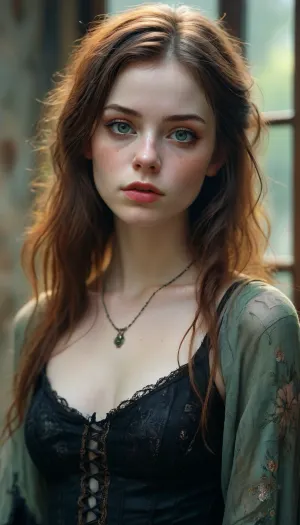 Breathtaking modern beautiful young woman, (punk goth wizardress), with long straight brown hair, pale skin, (hazel-greenish eyes), long eyelashes, (punk-goth young adult girl soft skin, freckles, defined cheek bones, high cheek bones, cheery), lots of black tattoos, magic mist, digital painting, digital illustration, extreme detail, digital art, 4k, ultra hd, Anna Dittmann, greg rutkowski, alyssa monks, hyperrealism, trending on artstation, by Egon Schiele, gustave dore, david mann, vintage photography, beautiful, tumblr aesthetic, retro vintage style, hd photography, full body, <lora:193712_training_data:.8>, <lora:Midjourney Image Enhancer XL v1:.8>