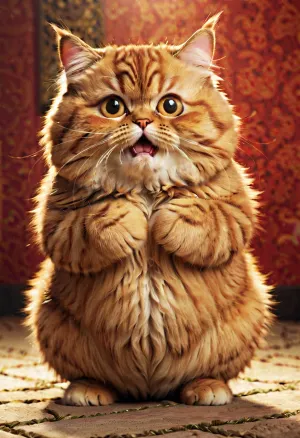 fat cute fluffy cat with a belly, funny facial expressions, Exaggerated action，praying, 3D character, a little hairy, elongated shape, cartoon style, minimalism, bikini, red, gold, black, <lora:neiyi1_XL_reg0_:.8>