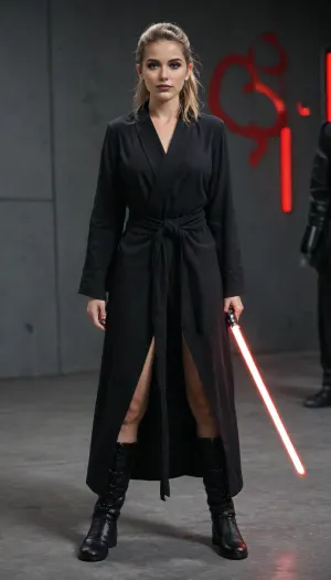 a woman, 28yo, gorgeous, stunning figure, full body, naked, photo shoot, (open_jedi_robes:1.8), (red_lightsaber), (angry:1), (knee-high stiletto boots:1.5), (black jedi robes:1.8), (mascara:1.5), blonde hair+high sporty ponytail+bangs, plain crimson red background, hero pose, nsfw