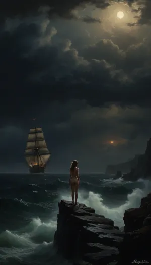 naked girl stands on high cliff above sea, stormy sea in the right part of frame, sinking sailing ship on the horizon, girl looking out to sea, gale force winds, girl looking at sinking ship, (oil painting in Aivazovsky style, night, nighttime, low lighting, highly detailed figure, at night, darkness)