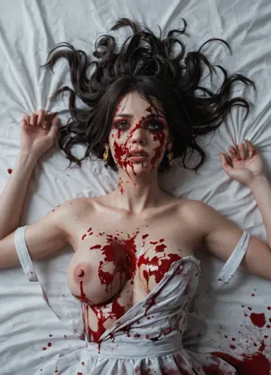 Sexy girls body laying on a bed, (blood covered face), dark hair, bleeding from her head, blood covered body, top half view, extreme gore, dead expression, dead girl, massive round titties covered in blood, (bloodstained white sheets), top view