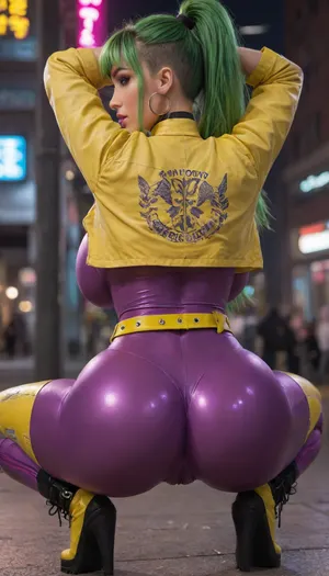 dark neon city background, extra bright purple neon lights, beautiful fit girl, lemon yellow sports bomber jacket, ((bimbo)), (((long green hair in high ponytail))), glossy purple high cut bodysuit, (((tight fitting glossy purple high cut bodysuit))), (((back close-up body view))), huge breasts, (((huge breasts:1))), very thick thights, (((very thick thights 2.0))), full shot, biting lip, waist, bimbo lips, choker, tattoos on the arms, puffy pussy, yellow army boots, camel toe, sexy pose, flirting, black and white striped knee socks, hands above head, squatting, legs wide spread, yellow leather waist belt, black fingerless gloves