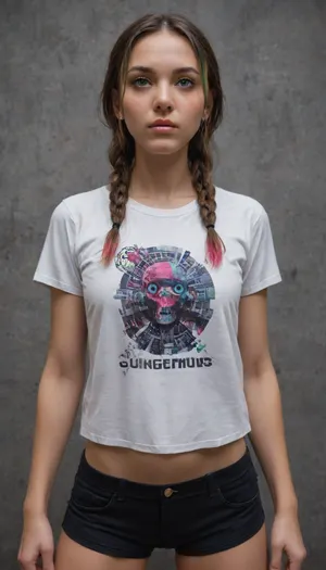 The whole composition should feel vibrant and energetic, perfect for a t-shirt or poster with a neo-vintage comic and psychedelic urban aesthetic. Feminine figure, . the image is bathed in rich, vivid hues, with cinematic lighting, shallow depth of field, and subtle vignette artgerm style. Cyberpunk woman with fair skin, perfect features, dancing in a nightsky, dark tones, unsettling details, infrared spectrum. Sport short shorts as 80s, (Strong Highlights in Eyes), creating a vibrant impression, away from the camera, anatomically and finger correct, (((Pixel Perfect, Perfect in every detail))), blue eyes, (Frowning:1.1), (blush:1.1), (((gorgeous details))), russian sport woman, hip-hop diva pose, Chicano tattoos, long braids, Color sketchnote style, dramatic, looking up. psychedelic bright colors., Unique features., (extremely detailed 8k wallpaper), ((Psychedelic acid colors glow, creating a surreal, otherworldly effect with textured brushstrokes.)), A clear expression., ((Top Quality by Tomer Hanuka)), ((Delicate Masterpiece)), (Details), Adult Beauty, This image, whether a painting or photograph, captures the minimalistic essence of rebellion in exquisite detail., (8k, 3d render, highest quality), (best anime quality:1.7), ((Masterpiece:1.2)), (Best Quality)
