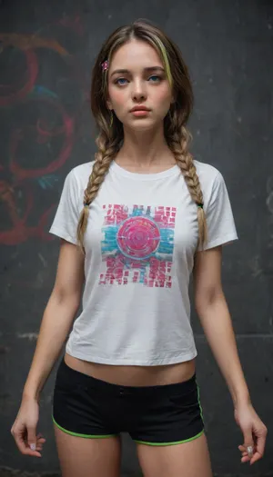 The whole composition should feel vibrant and energetic, perfect for a t-shirt or poster with a neo-vintage comic and psychedelic urban aesthetic. Feminine figure, . the image is bathed in rich, vivid hues, with cinematic lighting, shallow depth of field, and subtle vignette artgerm style. Cyberpunk woman with fair skin, perfect features, dancing in a nightsky, dark tones, unsettling details, infrared spectrum. Sport short shorts as 80s, (Strong Highlights in Eyes), creating a vibrant impression, away from the camera, anatomically and finger correct, (((Pixel Perfect, Perfect in every detail))), blue eyes, (Frowning:1.1), (blush:1.1), (((gorgeous details))), russian sport woman, hip-hop diva pose, Chicano tattoos, long braids, Color sketchnote style, dramatic, looking up. psychedelic bright colors., Unique features., (extremely detailed 8k wallpaper), ((Psychedelic acid colors glow, creating a surreal, otherworldly effect with textured brushstrokes.)), A clear expression., ((Top Quality by Tomer Hanuka)), ((Delicate Masterpiece)), (Details), Adult Beauty, This image, whether a painting or photograph, captures the minimalistic essence of rebellion in exquisite detail., (8k, 3d render, highest quality), (best anime quality:1.7), .., ((Masterpiece:1.2)), (Best Quality)