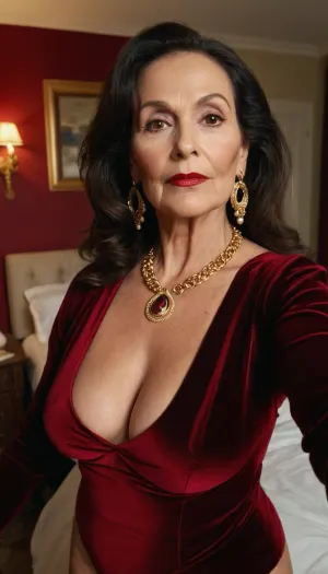Sexy old granny, glamour and fancy, 65 years old, dark brunette, huge hoop earrings, necklace gold, heavy make up, long hair, very tall, very curvy, small tits, very tiny boobs, wide shoulders, very serious horny sexy face, long sleeve red velvet lingerie, granny woman, looking at the camera, selfie, face focus