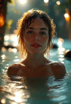 low angle. full shot. macrolens at the water's edge, show me a beautiful busty woman in a jacuzzi deep in the water, nude, smiling, hairy bush, orgasm, very wet skin. darkest night, detailxl, <lora:MJ52:1>